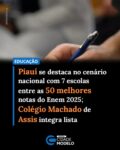 A imprensa nacional jogou luz sobre o excelente desempenho da educação piauiense na última edição do Exame Nacional de Ensino Médio (Enem). Ao divulgar o levantamento das 50 escolas com as maiores médias do país, os principais veículos de comunicação do Brasil destacaram o nome das instituições do Piauí, projetando a força do ensino do estado para todo o território nacional.

Ao todo, o Piauí conquistou sete posições no seleto grupo das 50 melhores notas do país, empatando com o Rio de Janeiro e superando estados de grande tradição econômica e educacional. Com a ampla repercussão nacional, os nomes das escolas piauienses passam a ser conhecidos e reconhecidos em todo o país como referências de excelência acadêmica.

Destaque para a Capital e o Interior

O grande diferencial do estado nesta edição foi a descentralização do sucesso. Além do forte domínio das instituições localizadas na capital, Teresina, o Piauí mostrou que a educação de alta performance também pulsa no interior. Diretamente de Picos, o Colégio Machado de Assis cravou seu nome na lista da elite educacional brasileira, alcançando projeção nacional e evidenciando a qualidade do ensino na Região de Picos. Fonte: Boletim do Sertão