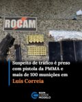 Um jovem de 22 anos, identificado como Paulo Henrique, foi preso na noite deste domingo (13), suspeito de tráfico de drogas e porte ilegal de arma de fogo e munições, no bairro Barro Preto, em Luís Correia, no litoral do Piauí.

Segundo a Polícia Militar, equipes policiais foram até a região após receberem informações de que pessoas de outras cidades estariam comercializando drogas e circulando armadas no local.

Com a chegada dos policiais, algumas pessoas fugiram, mas Paulo Henrique foi alcançado. Conforme a PM, durante a abordagem foram apreendidos uma pistola calibre .40, pertencente à Polícia Militar do Maranhão (PMMA), dois carregadores e 11 munições do mesmo calibre.

Também foram encontradas 41 munições calibre .38, 51 munições calibre 9 mm, duas porções grandes de skank e quatro aparelhos celulares.

O suspeito foi encaminhado à Central de Flagrantes para os procedimentos cabíveis. O caso será investigado pela Polícia Civil. Fonte: Cidade Verde