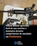 Uma operação integrada entre a Polícia Militar do Piauí e a Polícia Civil resultou, nesta sexta-feira (28), na apreensão de um fuzil calibre 5.56 mm, munições de uso restrito e uma porção de substância análoga à cocaína, no município de Paulistana, no Sul do estado.

A ação foi realizada pela Força Tática do 20º Batalhão, em conjunto com policiais civis da 12ª Delegacia de Polícia Civil de Paulistana, durante o cumprimento de um mandado de busca e apreensão em dois endereços: um na Rua Canuto Pereira, no bairro Choró, e outro no povoado Serra Vermelha, zona rural do município.

Durante as buscas no primeiro endereço, os policiais localizaram um fuzil calibre 5.56 mm NATO, modelo T4, de fabricação Taurus, classificado como de uso restrito, além de um carregador e 14 munições do mesmo calibre.

Também foram apreendidas 50 munições calibre 9 mm e 11 munições calibre .40, ambas de uso restrito, além de uma pistola Airsoft, um revólver Airsoft, um coldre e três adaptadores para empunhadura de pistola.

No imóvel, a equipe encontrou ainda uma porção de substância de cor branca análoga à cocaína, um aparelho celular e outros materiais.

Um homem identificado pelas iniciais B.S.D.L., de 43 anos, foi conduzido, juntamente com todo o material apreendido, para a 12ª Delegacia de Polícia Civil de Paulistana, onde foram realizados os procedimentos legais cabíveis. Fonte: Ascom/SSP-PI