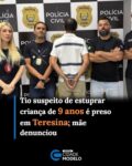 Um homem de 47 anos foi preso nesta quarta-feira (7), suspeito de estupro contra uma criança de nove anos, em Teresina. Conforme a Delegacia de Proteção à Criança e ao Adolescente (DPCA), o suspeito é tio e padrinho da criança. A denúncia foi feita pela mãe da criança, irmã do suspeito. 

Segundo as investigações, o crime ocorreu no Povoado Tapuia, zona rural da capital. O homem, conforme a polícia, teria abordado a criança ao sair do banheiro, conduzindo-a para um quarto, onde teria praticado atos de natureza libidinosa e tentado realizar a conjunção carnal.

Ainda segundo a investigação, o ato só não foi consumado porque a criança teria resistido aos abusos e a mãe chegou ao local a tempo. A investigação foi presidida pela delegada Rosa Chaib, titular da DPCA.

A delegacia chamou a atenção e reforçou a importância da colaboração da população para denunciar crimes envolvendo estupro e outras violências contra crianças e adolescentes. Também reforçou que informações sobre crimes sejam repassadas às autoridades competentes de forma sigilosa e segura, contribuindo para a segurança pública. Fonte: Cidade Verde