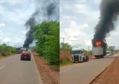 Caminhão carregado com óleo de soja pega fogo na BR-135