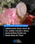 Um menor de idade foi contido por moradores após furtar o carro do próprio tio pela segunda vez em menos de uma semana e provocar um acidente na localidade Capitão de Campos, zona rural de Santa Rosa do Piauí, nesta segunda-feira (6).

De acordo com as informações apuradas, o adolescente já havia levado o mesmo veículo dias antes, da localidade Boqueirão, também na zona rural de Santa Rosa do Piauí, ocasião em que o carro foi recuperado sem danos. Nesta nova ocorrência, ele conduzia o automóvel quando perdeu o controle e tombou.

Durante o trajeto, o veículo atingiu um motociclista, que sofreu fratura na perna. A vítima foi socorrida por uma equipe do Serviço de Atendimento Móvel de Urgência e encaminhada para a Unidade de Pronto Atendimento de Oeiras.

A Polícia Militar foi acionada, apreendeu o menor e o conduziu à Delegacia de Polícia Civil de Oeiras, onde o caso segue em apuração. Fonte: Mural da Vila