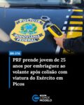 Na manhã desta terça-feira (28), a Polícia Rodoviária Federal (PRF) prendeu um homem de 25 anos após ele se envolver em um sinistro de trânsito na BR-316, no perímetro urbano de Picos. O detalhe que chamou a atenção das autoridades foi o envolvimento de uma viatura do Exército Brasileiro na colisão.

O Acidente
Por volta das 09h15, no Km 314 da rodovia, a equipe da Unidade Operacional de Picos foi acionada para atender a uma ocorrência de colisão envolvendo dois veículos:
• V1: Um Citroën C3 (Viatura do Exército Brasileiro);
• V2: Um Honda City LX CVT, conduzido pelo jovem detido.

Constatação de Embriaguez
Durante o levantamento de informações no local, os agentes notaram sinais claros de alteração psicomotora no condutor do Honda City, como forte odor etílico. Seguindo o protocolo, ambos os envolvidos foram submetidos ao teste do etilômetro (bafômetro).

O resultado para o condutor do veículo particular foi de 0,41 mg/L de álcool por litro de ar alveolar. — índice que ultrapassa o limite administrativo e configura crime de trânsito.
O que diz a lei: De acordo com o Art. 306 do Código de Trânsito Brasileiro (CTB), conduzir veículo com concentração de álcool igual ou superior a 0,3 miligrama por litro de ar alveolar é crime sujeito a detenção, multa e suspensão da habilitação.

Encaminhamento
Diante do flagrante, o homem recebeu voz de prisão. Segundo a PRF, foram garantidos todos os direitos constitucionais do indivíduo que, devido à colaboração e ausência de risco à guarnição, foi conduzido sem o uso de algemas até a Central de Flagrantes da Polícia Civil em Picos, onde foram realizados os procedimentos legais. Fonte: PRF