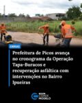 A Prefeitura de Picos, com o apoio do Governo do Estado do Piauí, através do DER/ PI (Departamento de Estradas e Rodagens do Piauí), segue com o cronograma intensivo de recuperação das vias públicas.

Depois das Ruas São Sebastião e Monsenhor Hipólito, no Bairro Canto da Várzea, teve continuidade nesta quinta-feira (07) a Operação Tapa-Buracos e o projeto de novo asfaltamento, que prevê a aplicação de um total de 50.000 m², de pavimentação asfáltica em diversos pontos da cidade.

Hoje os trabalhos foram concentrados na Rua Joaquim Evêncio, no Bairro Ipueiras, que apresentava diversos pontos de desgaste e passou por uma completa recuperação através da Operação Tapa-Buracos.

Simultaneamente, a Rua Antônio Egídio (próximo ao Zumbas Clube), uma das vias em situação mais crítica no bairro, já recebeu as intervenções preparatórias.

No local, foi feita a aplicação da base necessária para que a rua receba a camada de asfalto definitivo nos próximos dias, o que atende a uma demanda antiga dos moradores da região.

De acordo com o plano de ação anunciado pelo prefeito, Dr. Pablo Santos (MDB), os serviços de recuperação e pavimentação foram planejados para contemplar diversos bairros de forma ágil.

As equipes seguirão atuando e os serviços chegarão aos seguintes Bairros: Bomba, Canto da Várzea, Centro, Emaús, Ipueiras, Junco, Morada do Sol, Passagem das Pedras e São José.