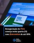 Os estudantes ou formados que tenham dívidas com o Fundo de Financiamento Estudantil (Fies) poderão renegociar os débitos a partir desta quarta-feira (13). A iniciativa, disponível até 31 de dezembro, faz parte da nova versão do programa Desenrola, lançado pelo governo federal na última semana.

Ao todo, 1 milhão de inadimplentes serão beneficiados com condições facilitadas em agências da Caixa Econômica Federal e do Banco do Brasil, preveem descontos de até 99% do valor consolidado da dívida. A medida também contempla adimplentes, que poderão aproveitar as vantagens para zerar o saldo devedor.

Segundo a regulamentação, a renegociação vale para contratos assinados até 2017 e que estavam na fase de pagamento em 4 de maio de 2026. Neste caso, as dívidas poderão ser liquidadas nos seguintes termos:

Débitos vencidos e não pagos por mais de 90 dias: desconto de até 100% sobre encargos (juros e multas) e de 12% sobre o valor financiado pendente para pagamento à vista ou parcelamento em até 150 parcelas mensais e sucessivas.
Débitos vencidos e não pagos por mais de 360 dias: desconto de até 77% do valor consolidado da dívida, inclusive principal, por meio da liquidação integral do saldo devedor.
Débitos vencidos e não pagos por mais de 360 dias que estejam inscritos no CadÚnico: desconto de até 99% do valor consolidado da dívida, inclusive principal, por meio da liquidação integral do saldo devedor.
Débitos em dia ou com atrasos de até 360 dias: desconto de 12% do valor consolidado da dívida nos pagamentos à vista.

Mais informações acesse o portalcidademodelo.com

Sbt News