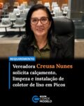 A vereadora Creusa Nunes apresentou requerimentos solicitando da Prefeitura Municipal de Picos, por meio das secretarias competentes, a realização de importantes melhorias de infraestrutura e limpeza urbana em diferentes localidades do município.

Entre as solicitações, a parlamentar pede a execução do serviço de calçamento no trecho que liga o Clube do SINTE até a Igreja Santa Dulce dos Pobres, no povoado Caldeirão, visando melhorar o acesso e a mobilidade dos moradores da região.

A vereadora também solicitou a instalação de um coletor permanente de lixo na Rua João XXIII, nas proximidades da Igreja Católica do Bairro Paroquial. Além disso, pediu que seja realizado o serviço de capina e limpeza geral no referido bairro, com a disponibilização de uma equipe permanente para garantir a manutenção contínua da limpeza urbana.

Segundo Creusa Nunes, as medidas têm como objetivo oferecer mais qualidade de vida, segurança e bem-estar para a população.